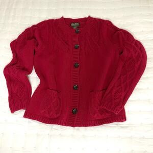 Eddie Bauer Cable Knit Long Sleeve Cardigan Sweater Women's L Red Knit | EUC